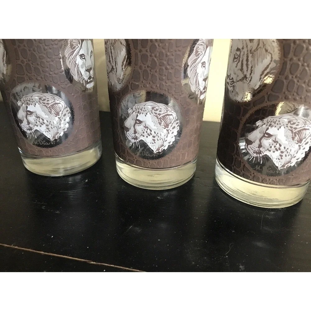 Vintage Libbey Glasses Glass set of 3 Lion‎ Tiger Leopard Ram African Safari